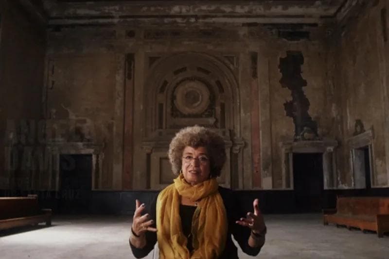 Angela Davis speaking in a still from the documentary 13TH.